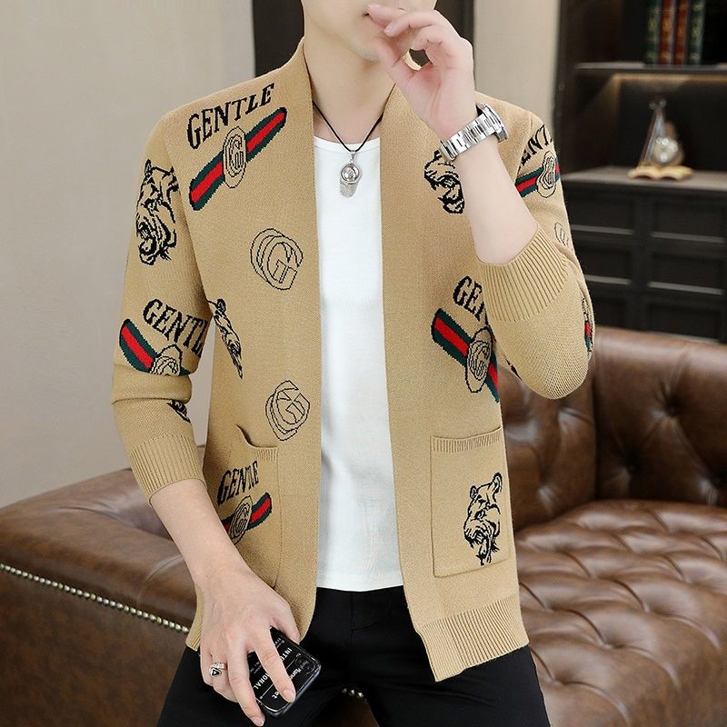 舒晋开衫外套男士新款潮流刺绣字母针织外套男帅气休闲上衣服 虎头