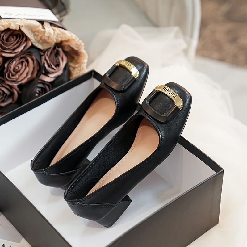 芭库森富丽女鞋粗跟单鞋女2024新款法式软底工作鞋方头奶奶鞋大码41