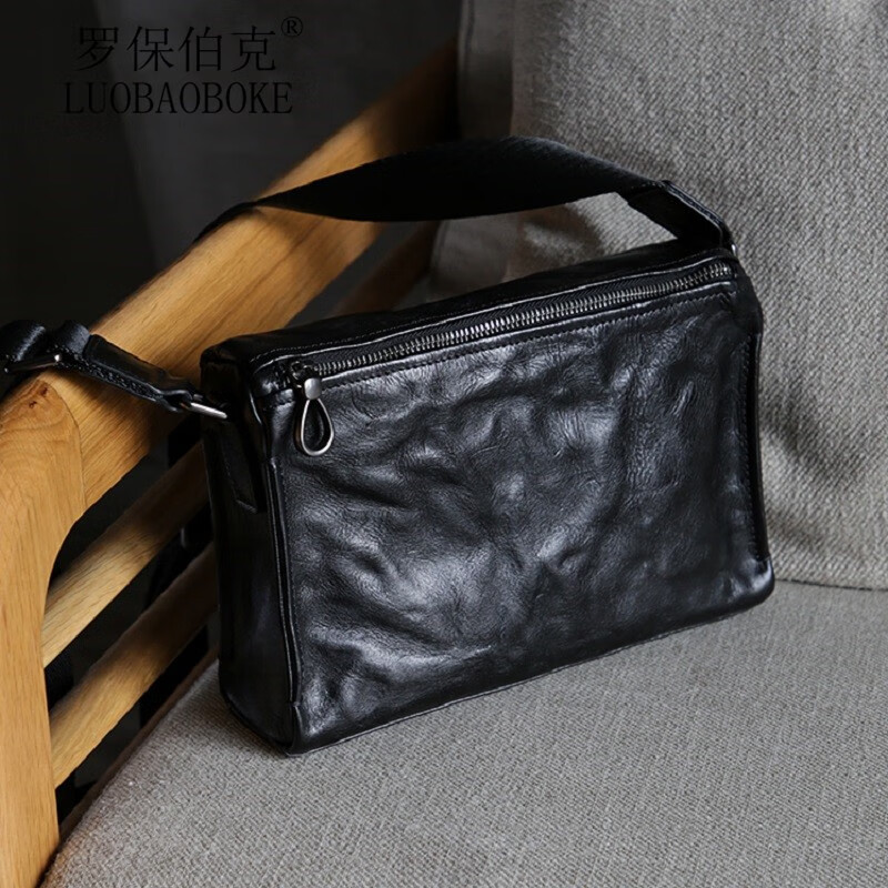 新款手抓纹植鞣牛皮男单肩斜挎包复古潮男通勤工装包商务品牌男包