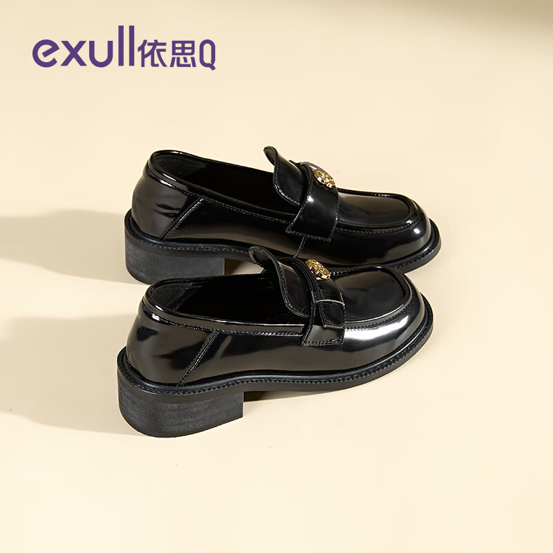 依思 Q女鞋2025春季新款厚底增高乐福鞋英伦风jk小皮鞋黑色亮面百搭单鞋 黑色 37