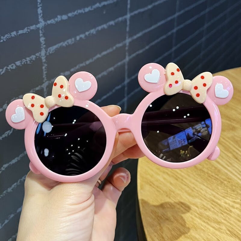 Suptmv儿童太阳镜女宝宝卡通眼镜可爱蝴蝶结墨镜女童遮阳镜出游 粉色 眼镜+眼镜袋