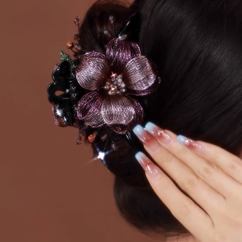 伊黛儿韩国高档轻奢手工金属铜丝花朵发饰后脑勺优雅盘发鲨鱼夹中号抓