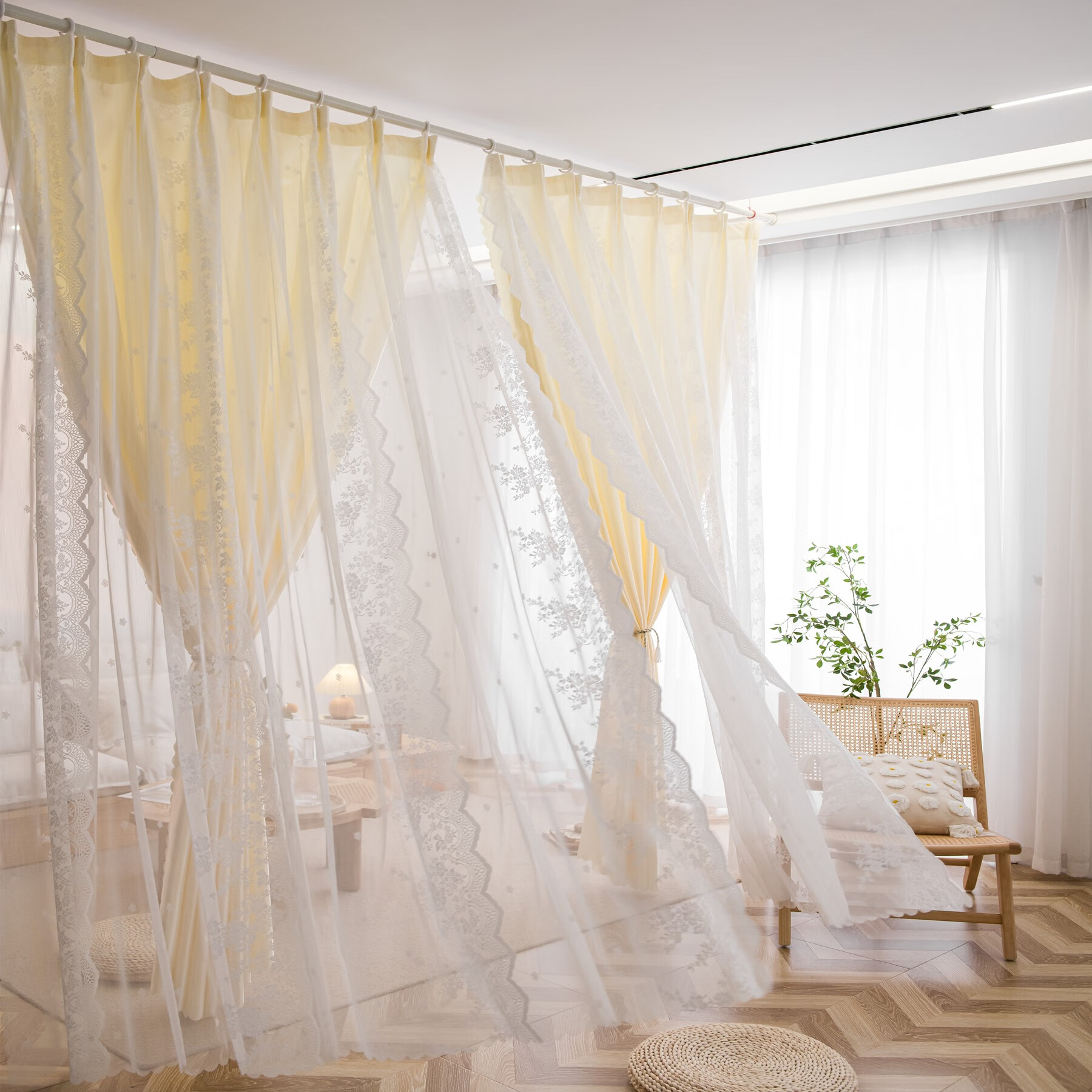 法式轻奢蕾丝少女心网红公主风卧室客厅飘窗仙气遮光布纱一体窗帘