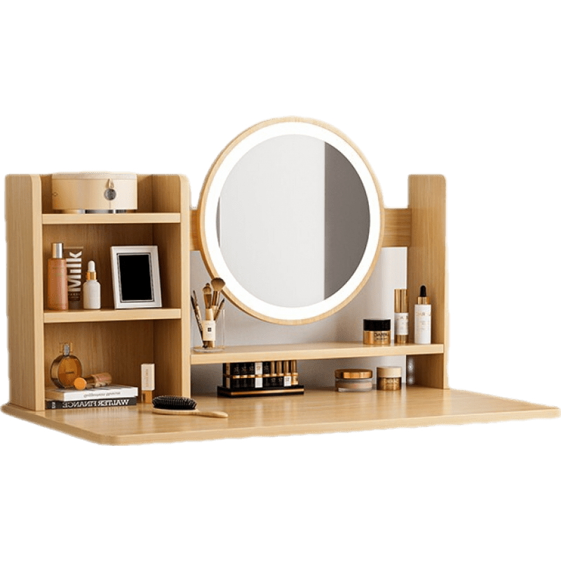赢鸣梳妆台卧室现代简约化妆桌子主卧小户型梳妆桌化妆台 组合【二抽一门+LED灯镜+凳子】黄橡木色80CM