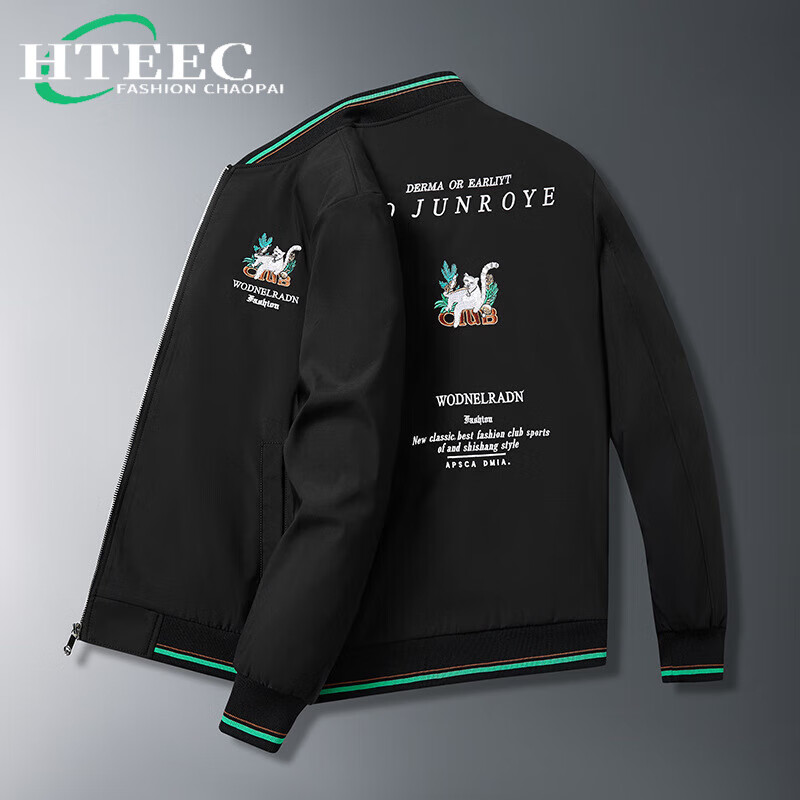 hteec香港潮牌2023新款春秋季男装懒猫刺绣夹克男士外套青年流行时尚
