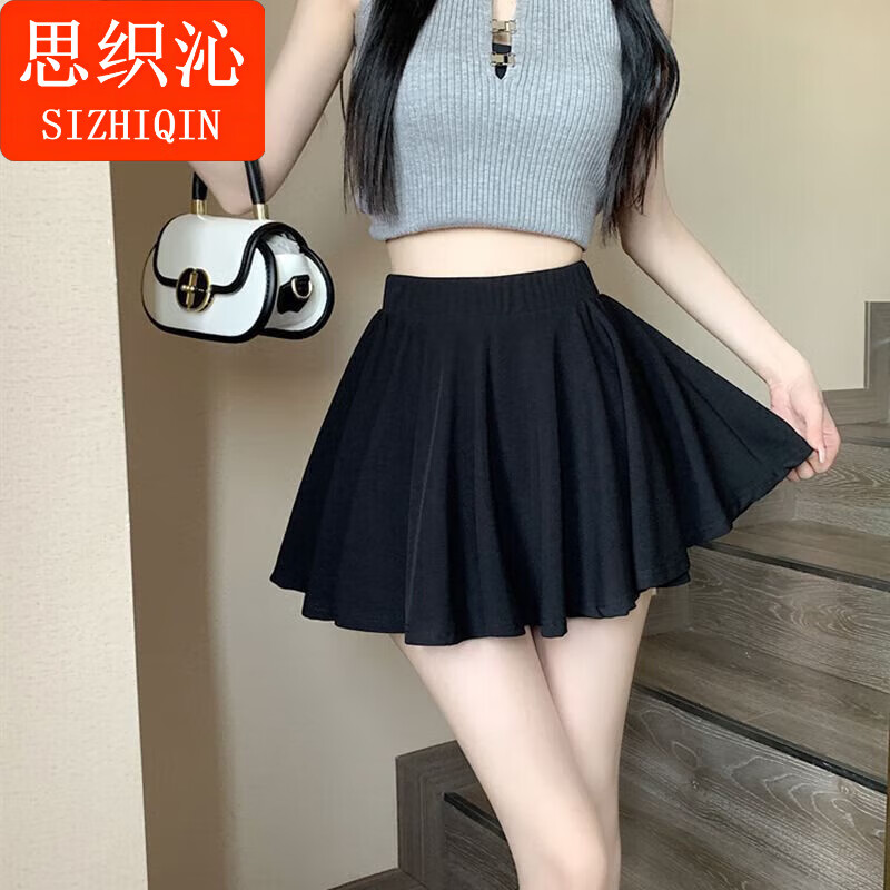 思织沁2024新款短裙女士甜美可爱半身裙褶皱设计感黑色短裙高腰百褶裙女 黑色(内衬带安全裤) L(80-120斤)