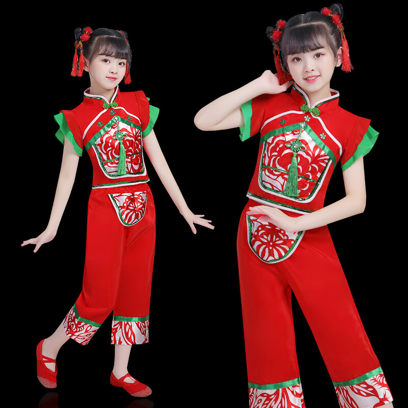 狄保特六一儿童秧歌服中国风表演服扇子舞开门红女童打鼓服春喜庆演出服 金鱼红色女 110cm