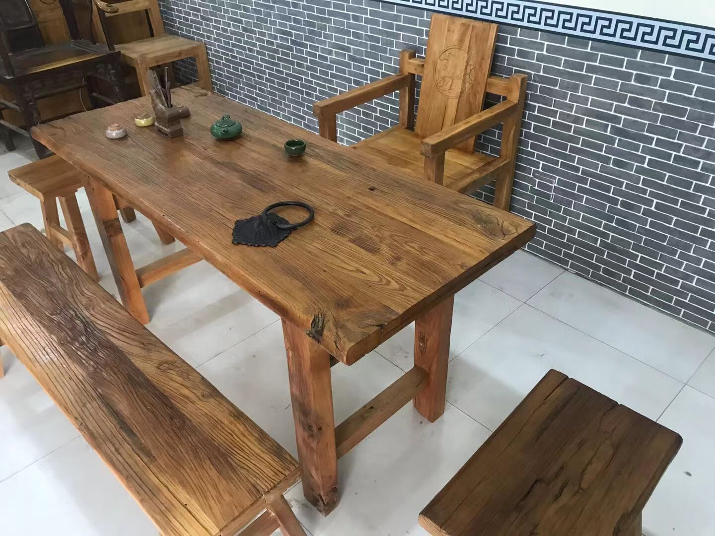 老榆木门板桌茶桌实木中式复古餐桌旧木板茶台桌吧台板楼梯踏步板 原