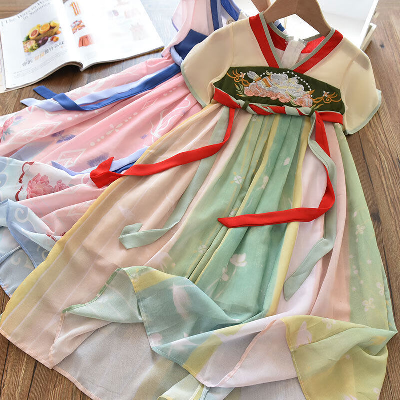 瑄妮薇新款女童夏季裙子儿童公主洋气夏裙汉服女孩裙童装连衣裙夏装 绿色 120码属于什么档次？