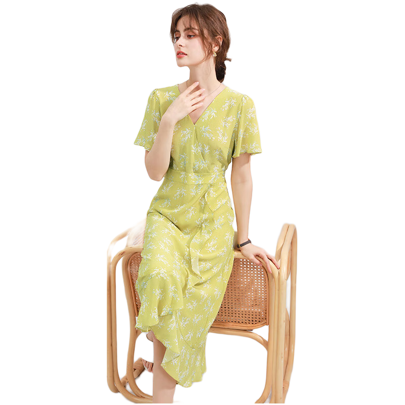 科蒙.博卡2023夏季V領(lǐng)時尚印花雙縐真絲裙 不規(guī)則裙擺桑蠶絲連衣裙 黃花色 XL