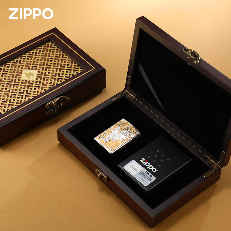 ZIPPO打火机官方正品煤油防风纯银鎏金招财唐草貔貅送男士朋友新年礼物 重甲纯银鎏金唐草貔貅【套餐款】