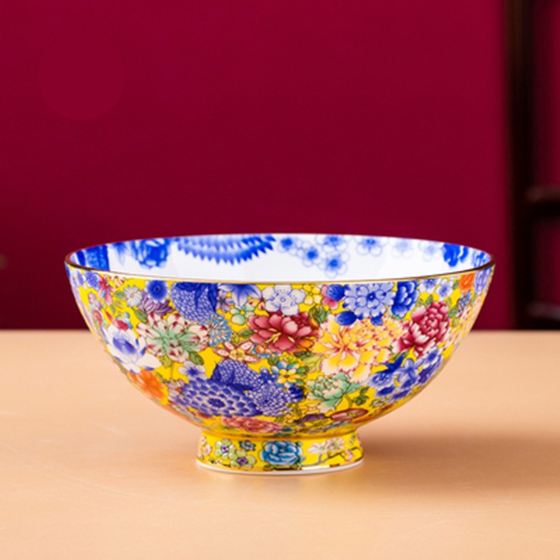 黄金奢华斗笠碗瓷中式面碗宫廷风家用大米饭碗景德镇定制礼品碗 斗彩