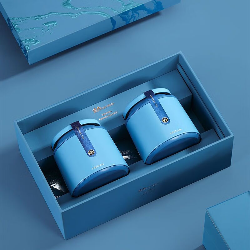 通用绿茶龙井碧螺春毛尖红茶叶礼盒装空盒定制 远山蓝色中罐约半斤