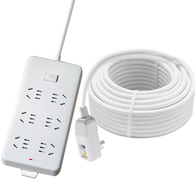 飛利浦（philips）長線插排6米10米20米插線板漏電保護(hù)插座電動汽車充電延長線插板拖線板防觸電插排帶線 總控6位（2161） 線長15米（升級1.5平線芯）