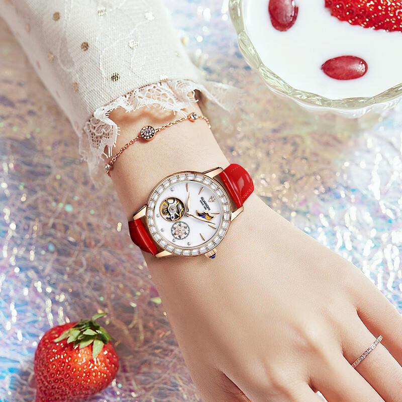 冠琴（GUANQIN）手表女全自动机械表明星同款镂空飞轮女士手表国表礼物送女友老婆 红皮玫金白面（女神气质）
