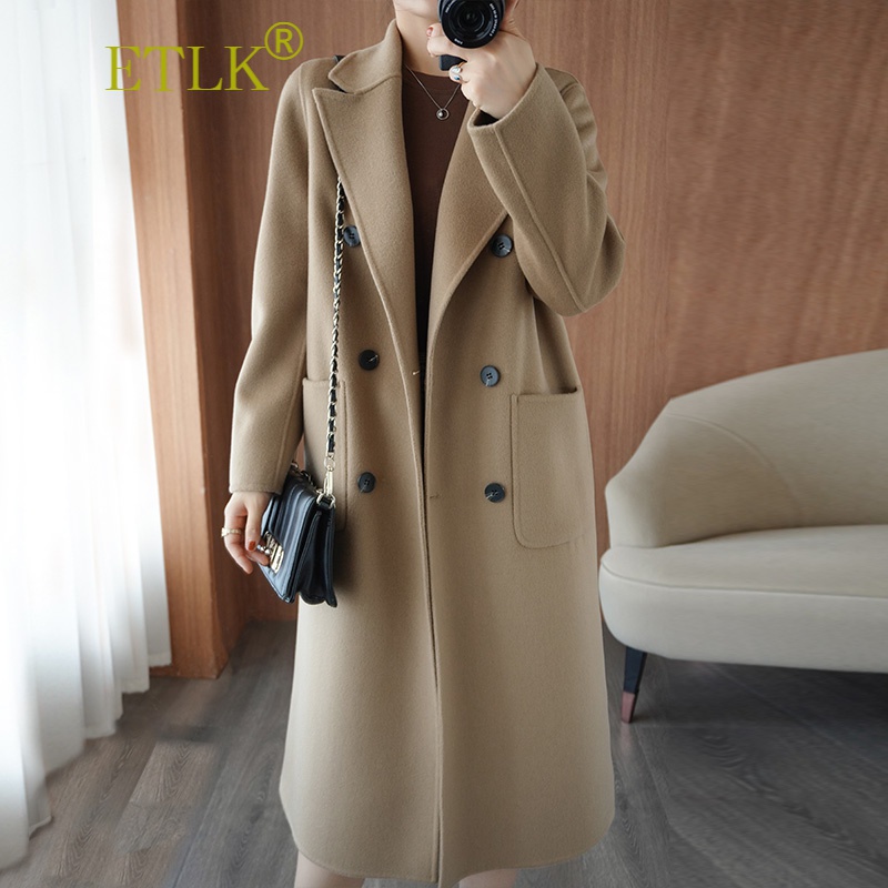 ETLK高端女装秋冬季新款双面羊毛大衣宽松长款赫本风双排扣羊毛呢外套 可可色 S （120斤以内）