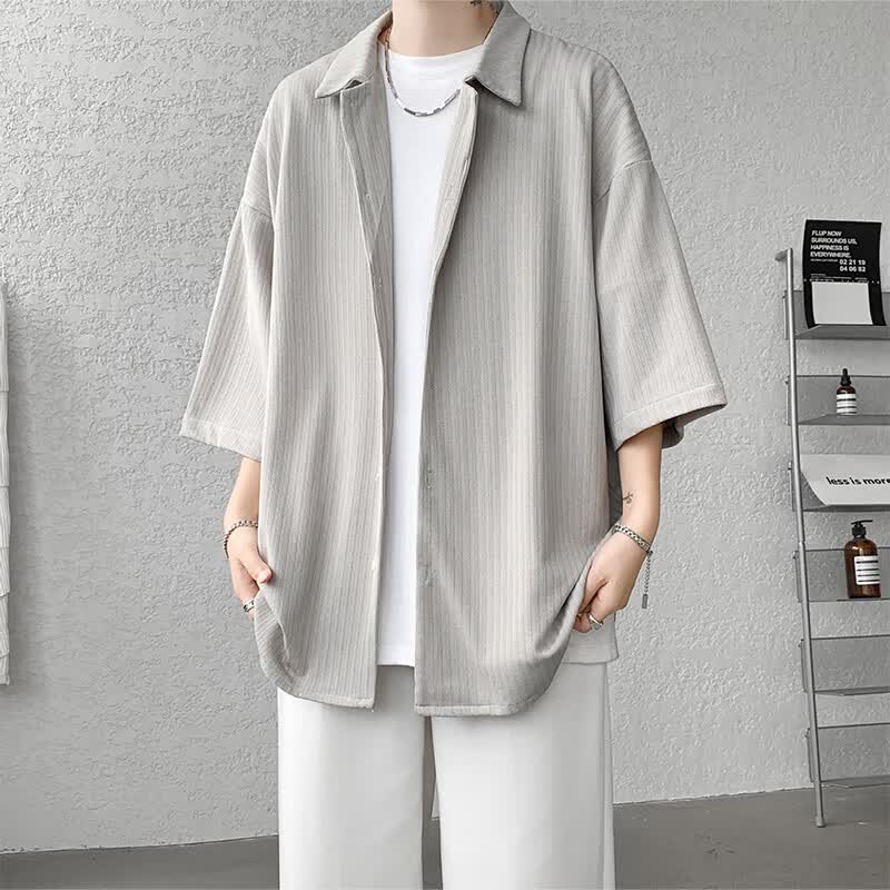 OEMG  夏季薄款短袖衬衫男女潮流垂感七分半袖高级感情侣宽松休闲外套 CS7829-黑色 3XL 【建议160-175斤】