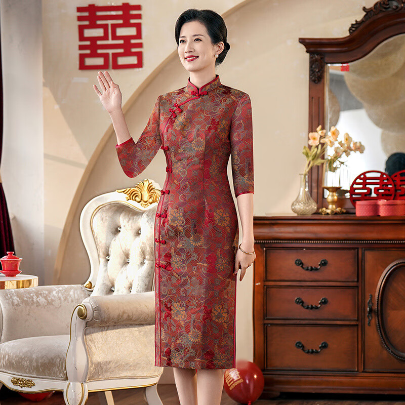 故最萊喜婆婆婚宴禮服2024新款婚禮媽媽宴會(huì)旗袍優(yōu)雅氣質(zhì)高檔修身連衣裙 中袖 L