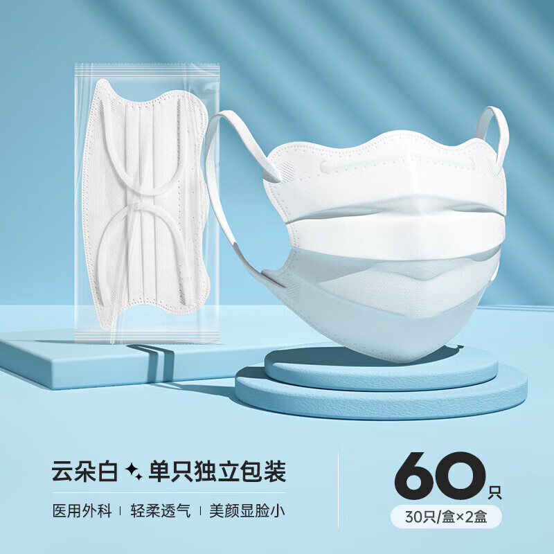 医用外科口罩一次性医疗白色女高颜值波浪蝶形显脸小独立包装 活动冲量-[云朵白]60只-独立装