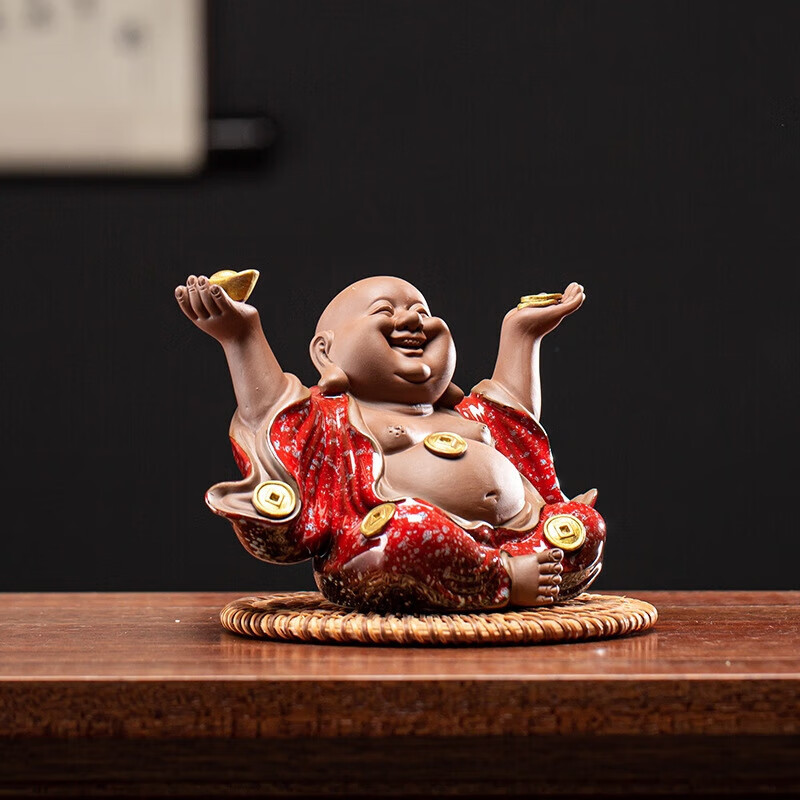 理衛(wèi)紫砂彌勒新中式茶寵擺件車載客廳創(chuàng)意玄關(guān)擺放茶裝飾禪意可出票 接福（紅）