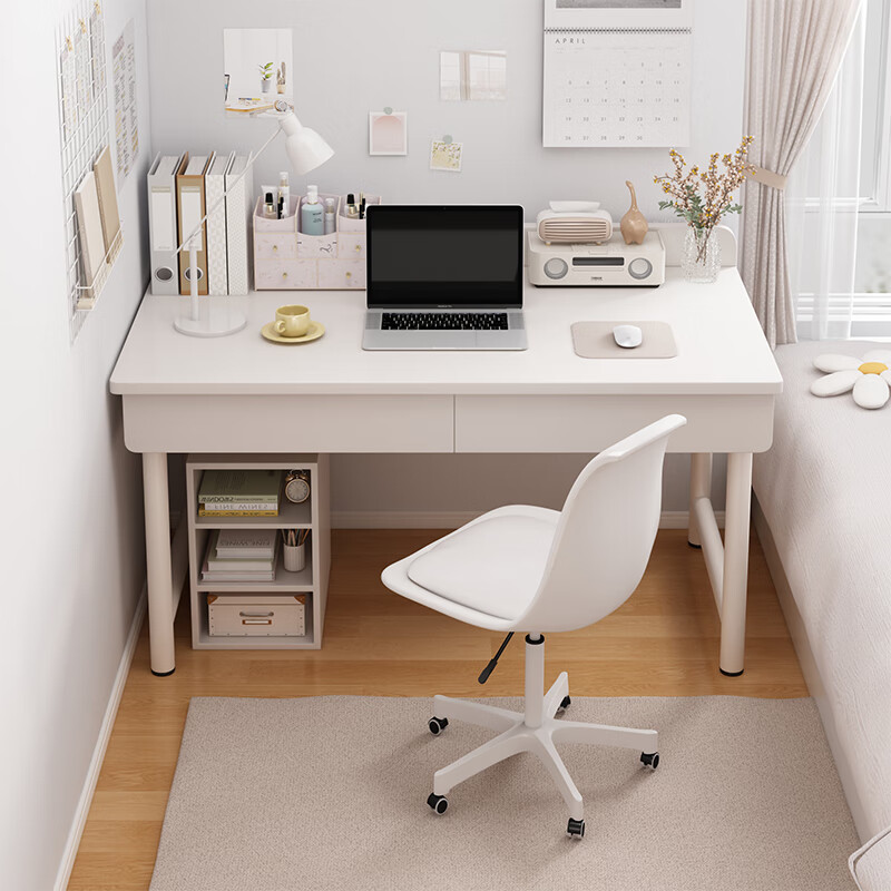 甘慕电脑桌台式书桌家用带书架桌椅组合学习桌简约卧室梳妆台桌子 【常规双抽款】暖白色120cm 【加粗钢架】单桌