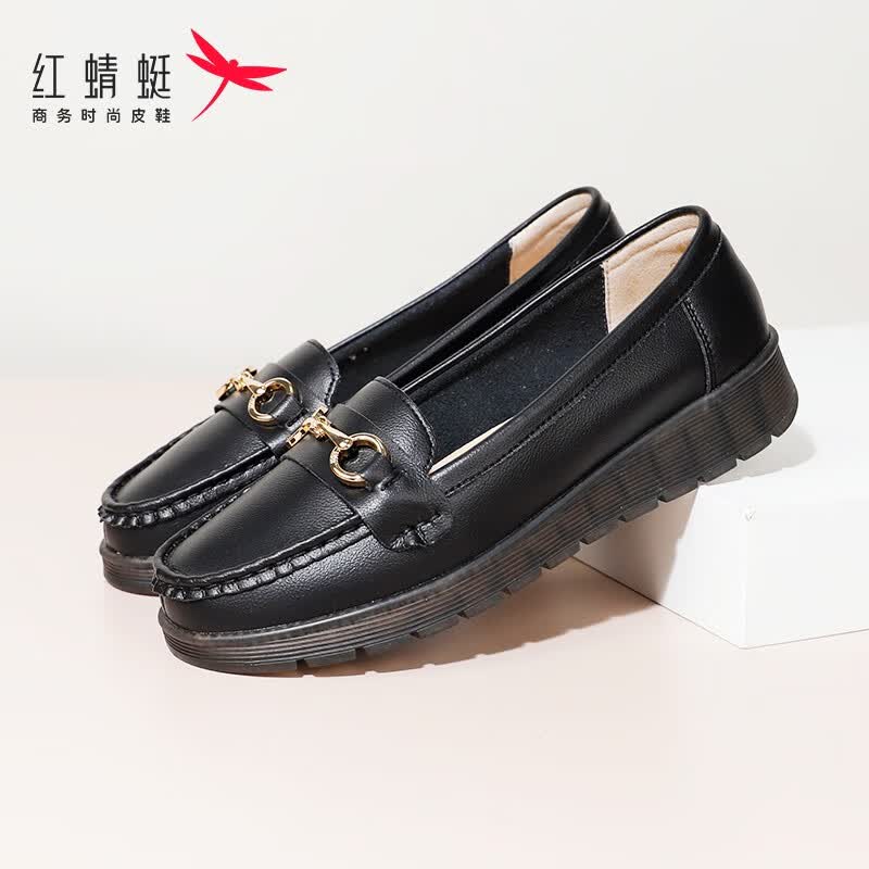 红蜻蜓女鞋新款一脚蹬舒适妈妈鞋软底豆豆鞋女通勤百搭护士休闲平底单鞋 黑色 37