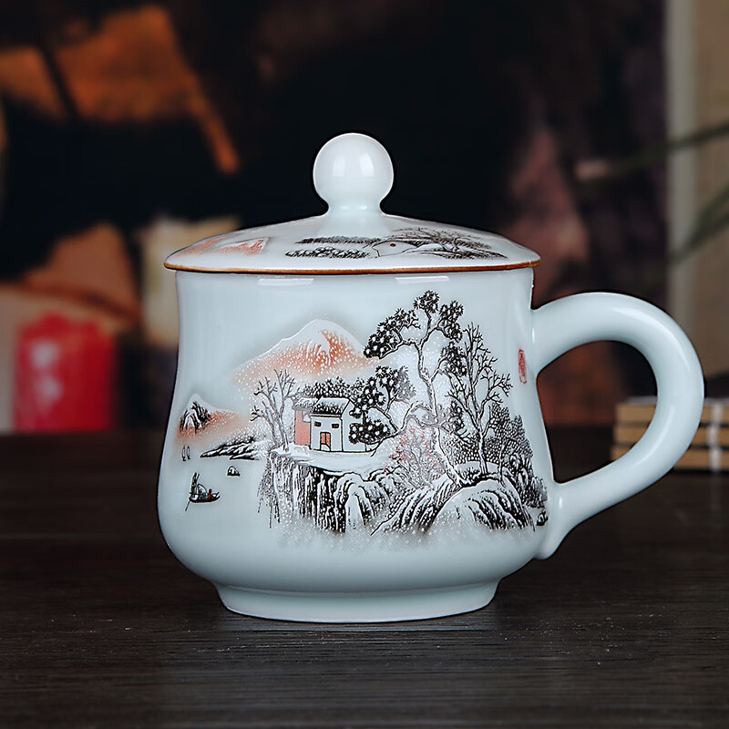 九楼阁 景德镇陶瓷茶杯带盖有手柄青瓷办公水杯350ml 6款各一个 300ml 6只