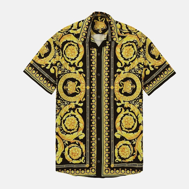 礼盒装欧洲站欧版新款男士大码休闲修身巴洛克印花短袖花色衬衫男