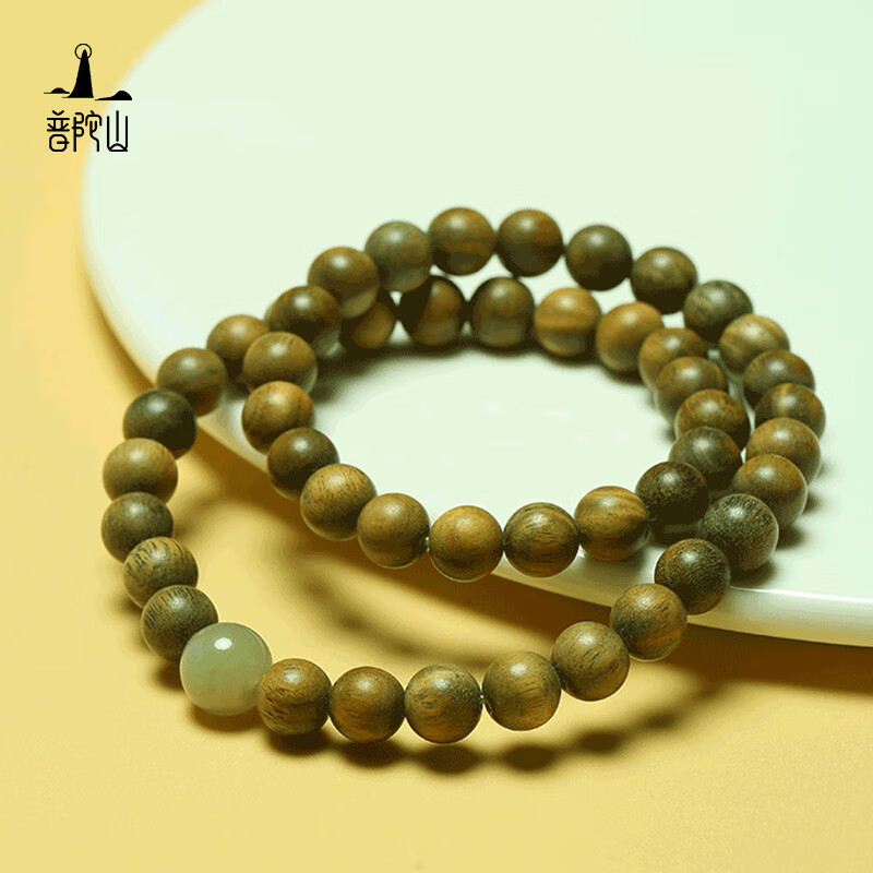 普陀山【正品保真】绿檀木和田玉双圈手串文玩多圈念珠文玩盘玩礼物 【普陀山官方直发】绿檀木和田玉 6mm