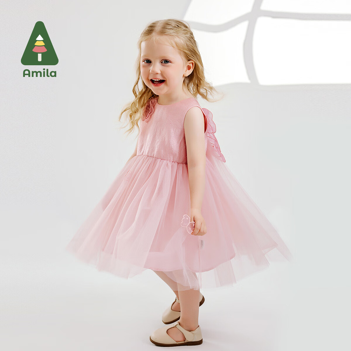 阿米拉（AMILA）啊咪啦童装夏季新款女童宝宝公主裙蝴蝶翅膀仙女儿童纱裙 草莓冰淇淋粉 120