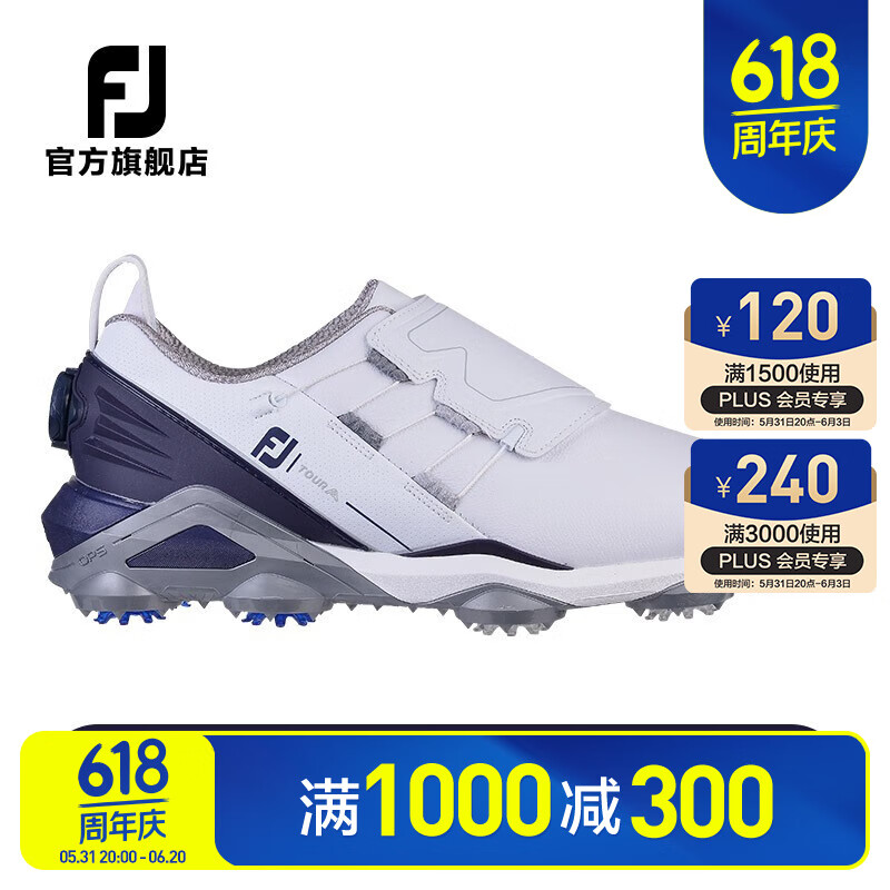 FootJoy 高尔夫球鞋FJ男士Tour Alpha专业竞技防滑防泼水有钉稳定运动鞋 白/蓝-55502[旋钮款] 8=42码