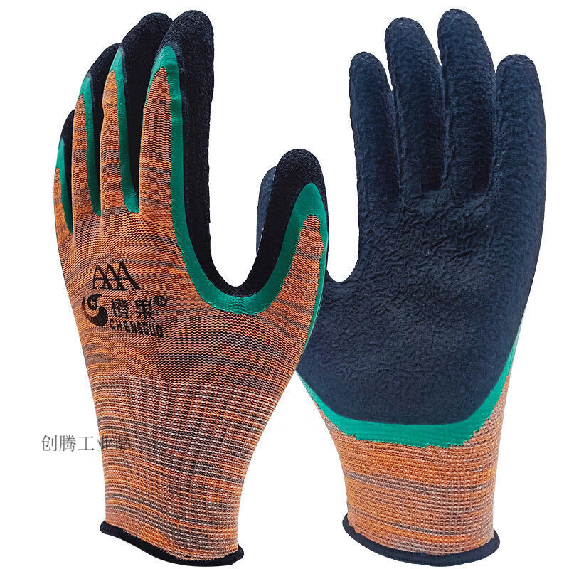 双乳胶皱纹发泡双层防护手套无味耐磨劳工工作手套 12双双层皱纹价格