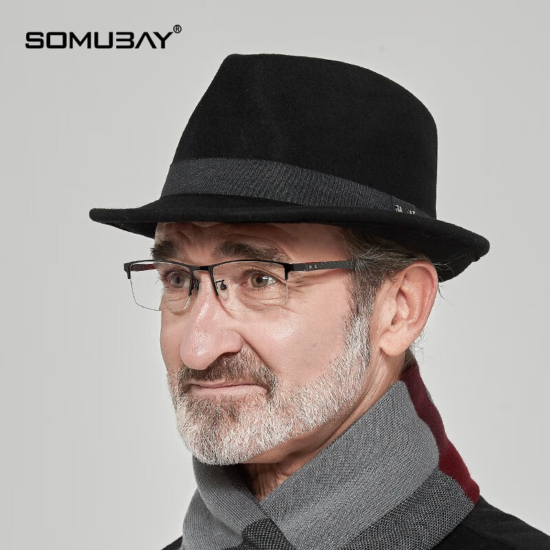 somubay羊毛呢礼帽男高端秋冬英伦风爵士帽子中老年人保暖卷边复古