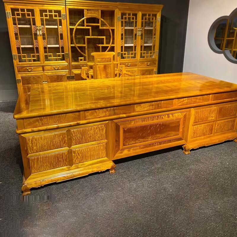 红善金丝楠木办公桌小叶桢楠满水波办公桌宝座书柜组合总裁桌定金