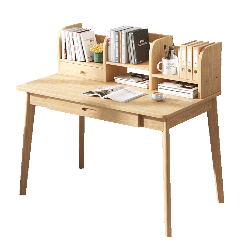 米昊 书桌书柜组合电脑桌台式学习写字桌家用带书架办公桌子简约实木腿书桌椅组合 120cm原木色桌子+钢制牛角椅组合