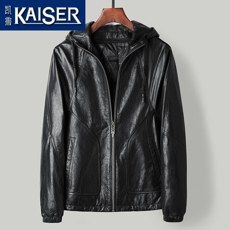 凯撒（KAISER）皮衣男头层油蜡牛皮鹅绒服2025冬季新款连帽拉链款活里活面皮外套 黑色 4XL (190) (适合170-182斤)