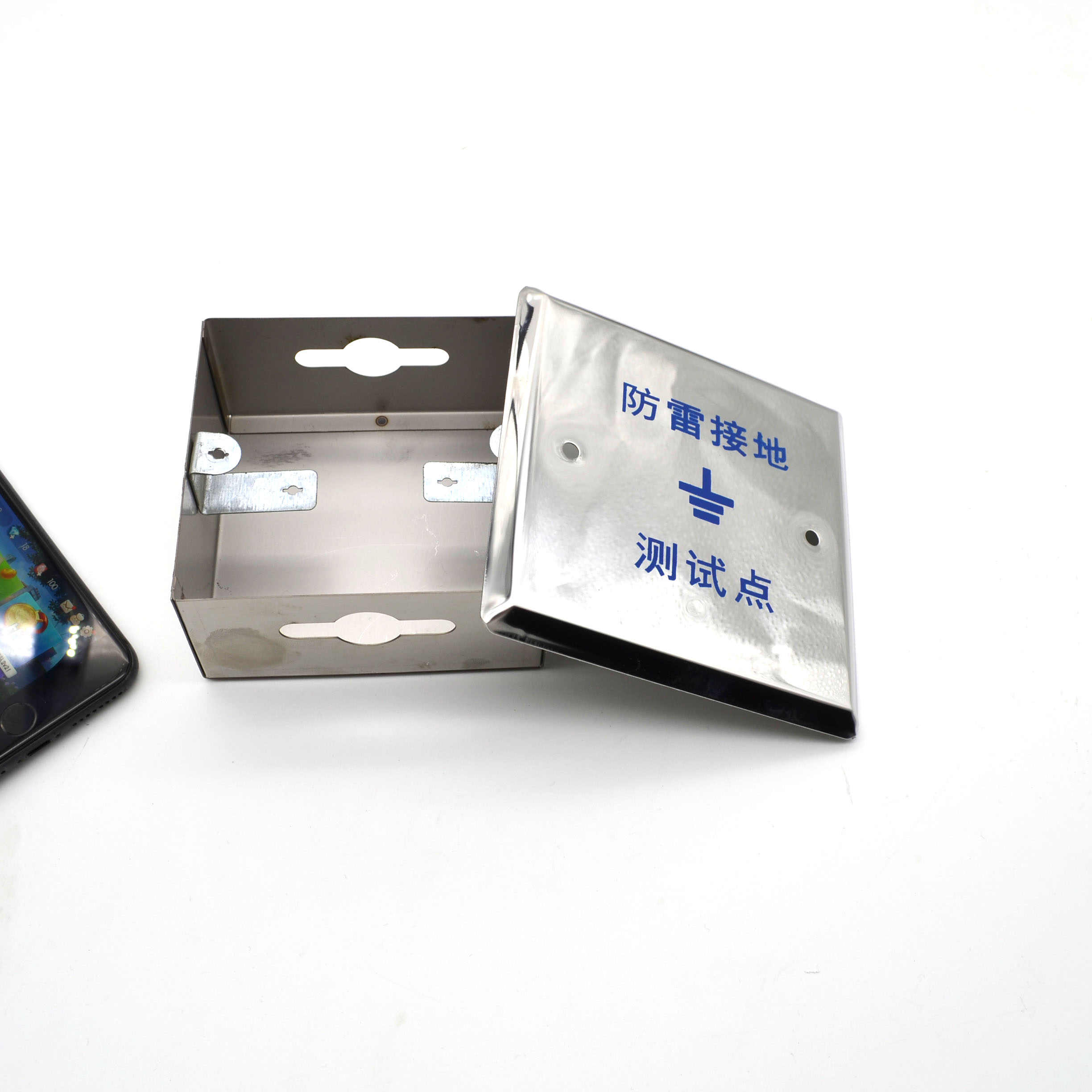 86型304不锈钢防雷接地测试盒面板避雷点箱盖板孔距9cm 6cm标识牌 孔