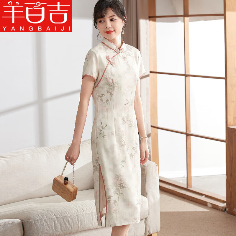 羊百吉（YANGBAIJI）妈妈夏装中式国风连衣裙2024新款中老年女装高贵改良旗袍裙子 米白色 XL