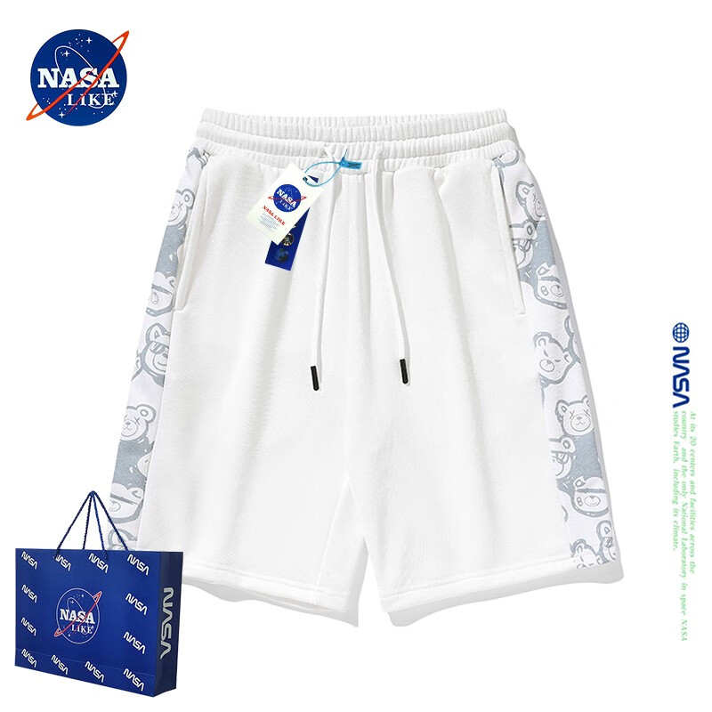 NASA LIKE官方潮牌小熊短裤男女夏季宽松棉质五分裤休闲直筒裤情侣沙滩裤子 NASA联名-白色 2XL