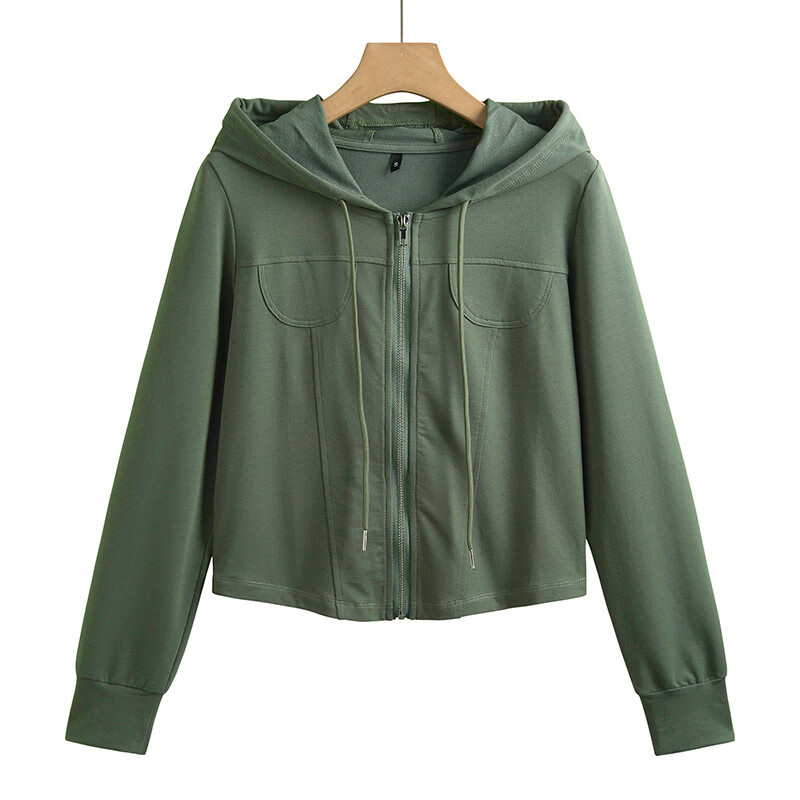 新款薄款拉链连帽短外套女士长袖卫衣韩版修身气质休闲上衣 雾霾绿 s
