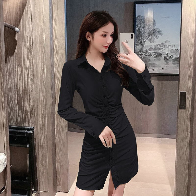 芭雅莲秋季新款v领褶皱小蛮腰连衣裙女ins修身显瘦气质连衣裙中长款