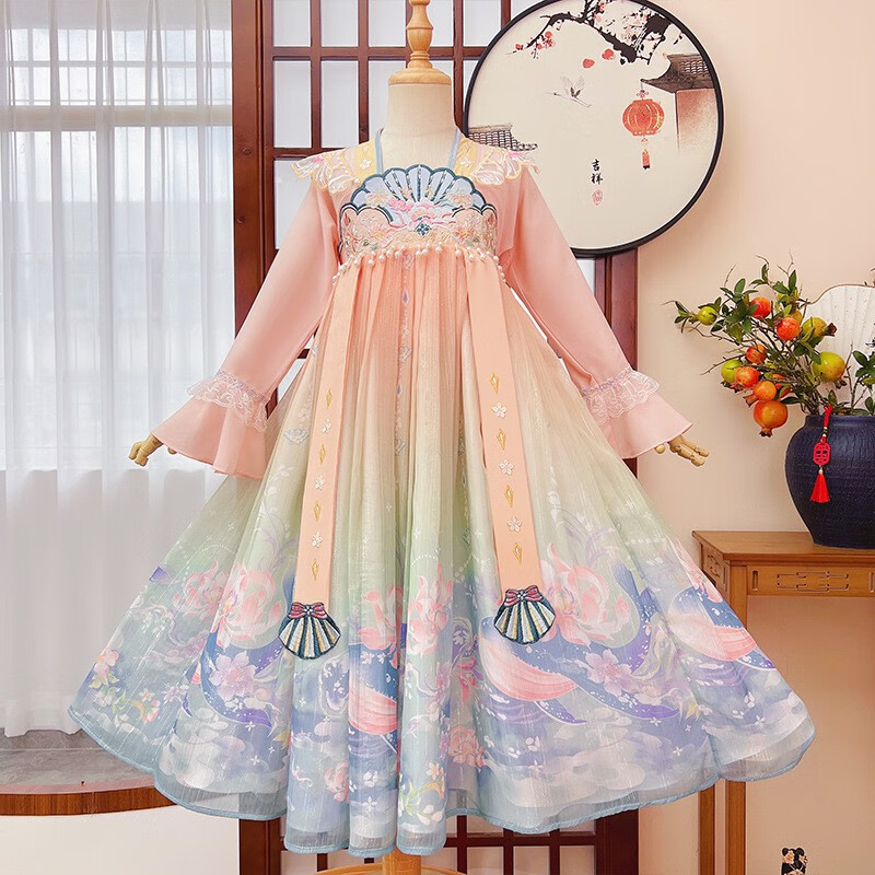矢飒汉服女童夏秋季2023古风连衣裙小女孩唐装中国风超仙古装裙子新款 粉色长袖 150高性价比高么？