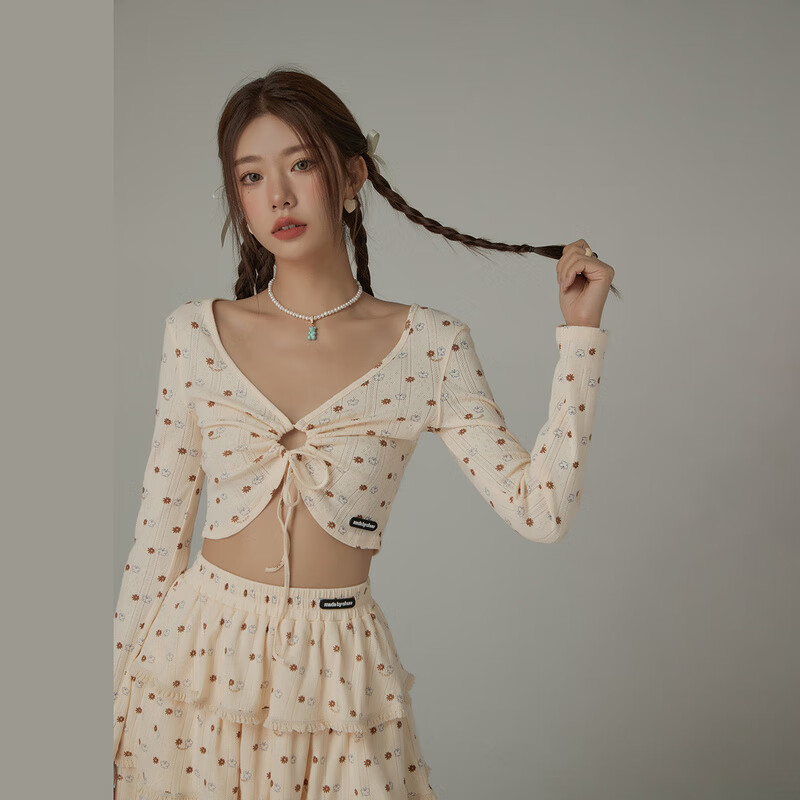 CHUU碎花镂空系带短外套女2026夏季新品长袖辣妹针织空调衫上衣薄 米黄 均码