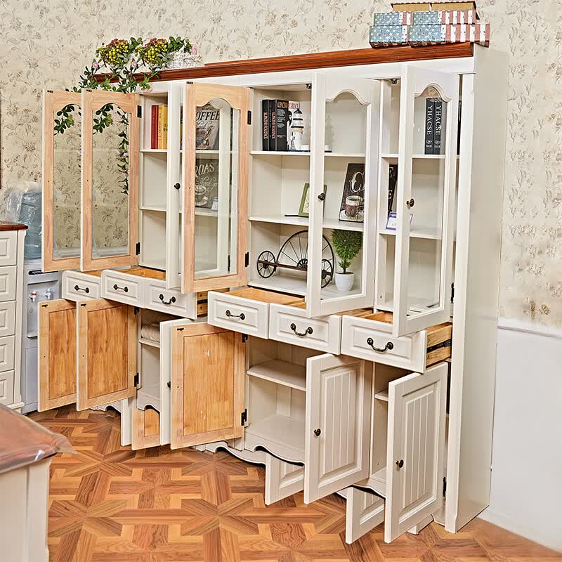 山头林村高端地中海风格书柜 全实木两门三门书柜书架组合带门家用