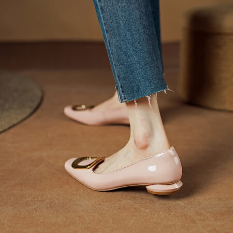 单鞋女鞋子真皮软底女款春秋时尚中跟女士夏季工作服鞋 藕粉色 34