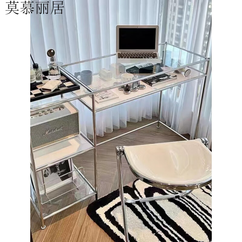 莫慕丽居不锈钢书桌中古不锈钢电脑桌轻奢钢化玻璃书桌家用简约化妆