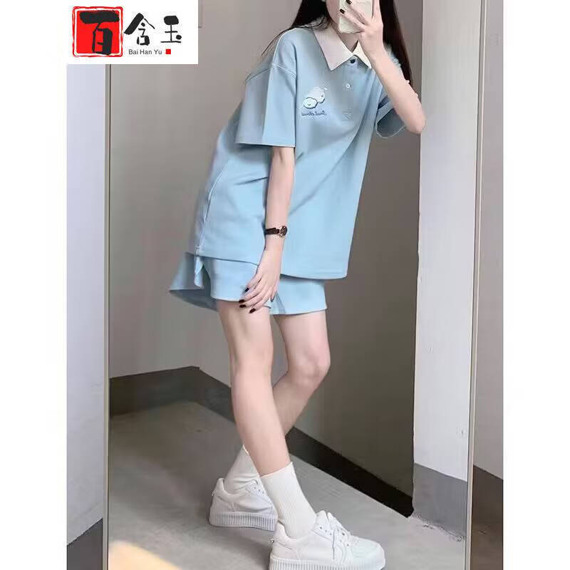 百含玉休闲运动套装女夏新款朵刺绣短袖t恤短裤两小