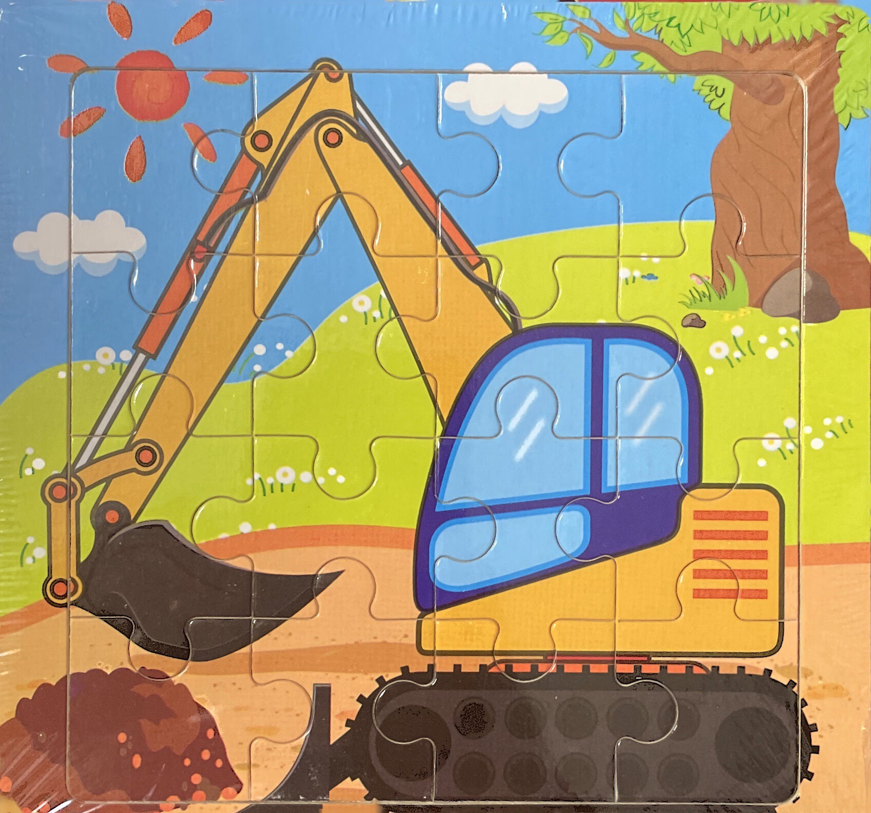 burjuman木质拼图 挖机16片20片拼图儿童玩具幼儿园木质底板带图 轰隆