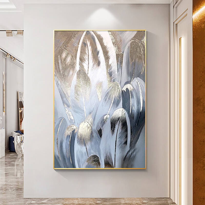 艺莫斯 金箔羽毛玄关装饰画竖版现代简约轻奢抽象手绘油画过道走廊