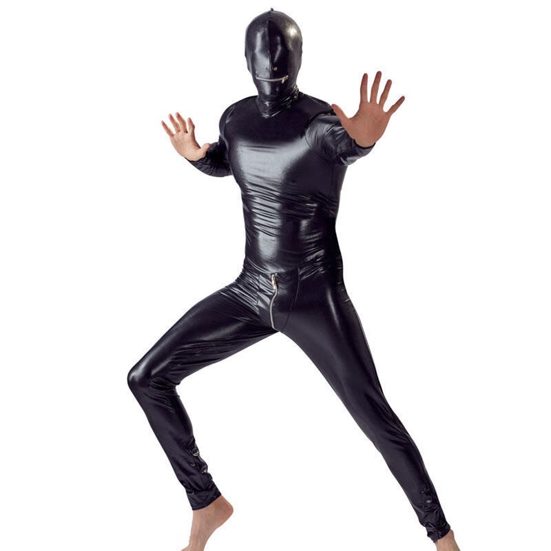 苾旎 男士塑身衣长袖连体衣黑色pu紧身套头全包舞台装弹力双拉链 黑色
